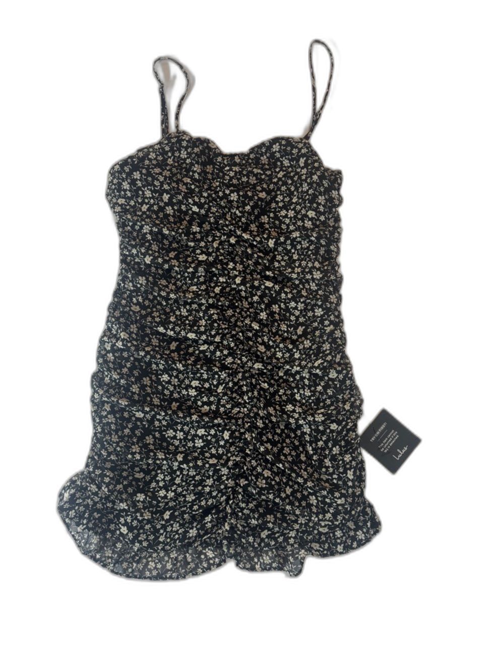 Lulu's Black Floral Ruched Mini Dress with White Accents